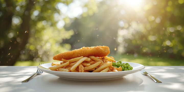 Traditional battered cod and chips with mushy peas on a summer day, emphasizing food preparation and freshness