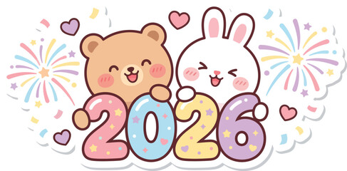 Cute Bear and Bunny with 2026 – Kawaii New Year Illustration Vector