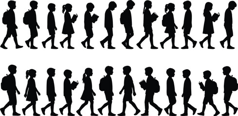 Silhouettes of school children walking and reading books, shown in multiple poses, isolated on white background, representing education, learning, student activity, and childhood routines