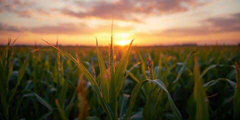 Fototapeta premium Sunset over corn fields highlighting warm tones for agricultural scenery, World Environment Day