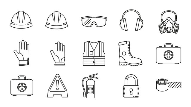 Essential safety equipment and protective gear icons collection for diverse industries needs