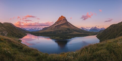 Naklejka premium Panoramic view of a mountain peak near a lake at sunset with Mount Aspiring in the distance, natural landscape preservation day