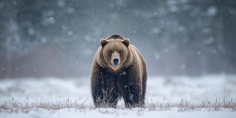 Fototapeta premium Large male brown bear on snowy terrain wildlife observation, conservation awareness