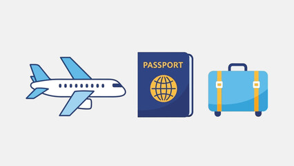 Cartoon travel essentials icon set showcasing airplane, passport, and suitcase vector illustration