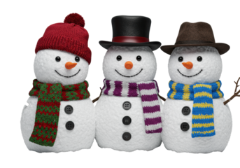 Three cheerful photorealistic snowmen characters wearing unique knitted hats and thick scarves, posed together as a detailed still life product shot against a seamless white background concept for