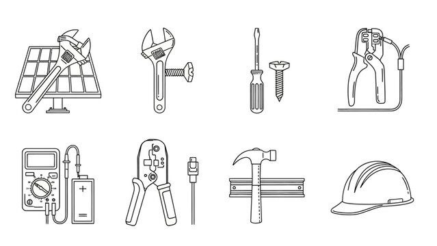 Detailed black and white line illustration of tools used in renewable energy and electrical work