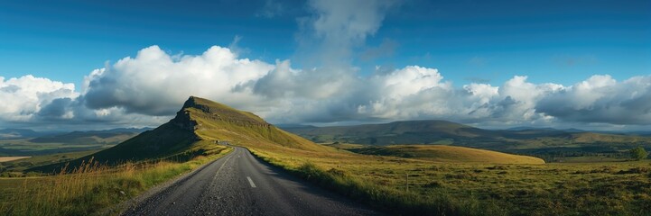 Naklejka premium White clouds drifting over a rugged hillside with a narrow rural road, ideal for landscape photography backgrounds