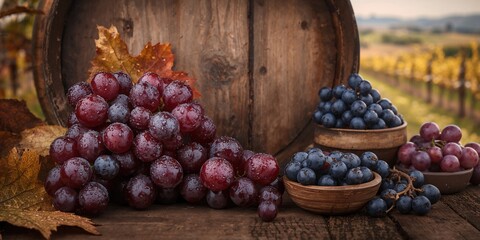 Fototapeta premium Grapes arranged on a table near an aged wine barrel and dishes, highlighting harvest activities, Earth Day