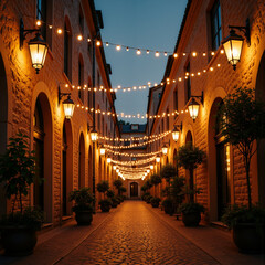 Obraz premium Street party lights glowing near stone buildings and arches, modern style 