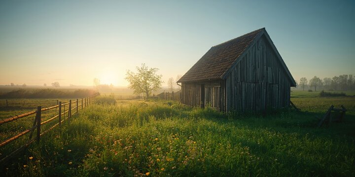 Sheep shelter from Dutch island in dawn light, agricultural heritage and rustic rural scene