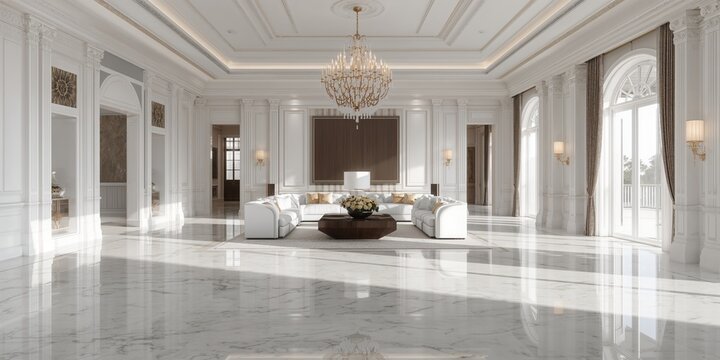 White living room with marble flooring and chandeliers, ideal for interior design layout planning