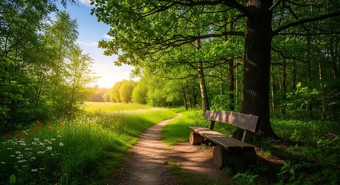 A sun-dappled forest path winds past a bench beneath a large tree, leading toward a sunlit clearing. Lush greenery abounds - Powered by Adobe