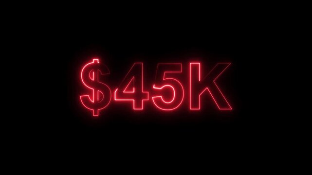 Neon line bright 45k followers isolated red color animation on black background. Vibrant neon shiny 45k text red color animation digits for high-resolution. 