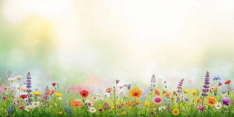 Naklejka premium Multi-colored wildflowers on a light background used as a cheerful floral pattern for design, sunny day, Earth Day