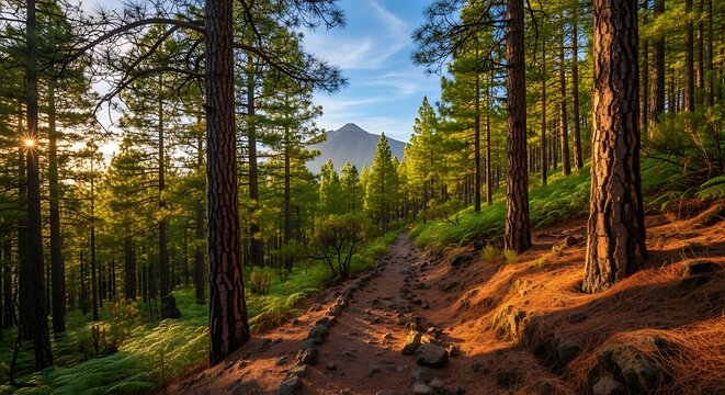 A sun-dappled forest path winds through tall trees towards a mountain silhouette under a clear, bright sky - Powered by Adobe