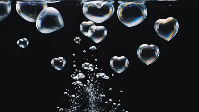 Heart Bubbles Floating on Black Background - A Symbol of Love and Romance.