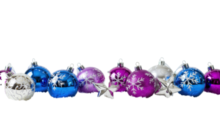 a low-angle, photorealistic studio shot of reflective sapphire baubles, lavender glitter, and silver star ornaments with white snowflakes, resting on snow and high-key white copy space. high-end