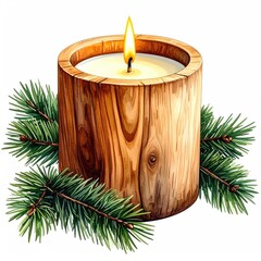 Wooden candle holder with lit candle, evergreen boughs