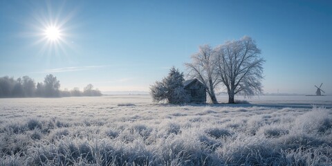 Frost-covered landscape with intricate ice patterns, serving as a winter seasonal display