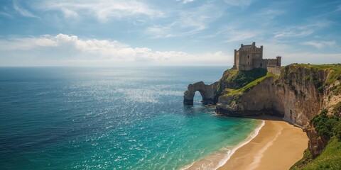 Ancient castle perched on a cliff overlooking water and sky, historical architecture in a coastal landscape, summer travel scene