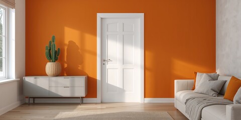 Modern interior design with a white classic door, orange wall, wicker cactus vase, and grey cabinet, ideal for contemporary living spaces