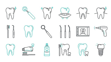 Dental care elements icon set, dentistry tools and hygiene products in line style