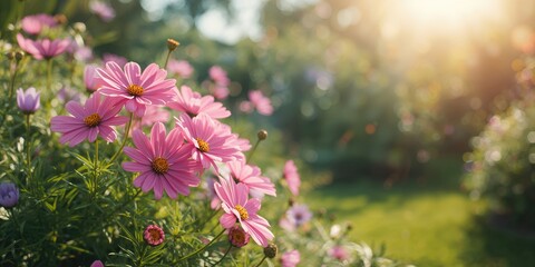 Obraz premium Blooming Cosmos flowers in a garden, highlighting native plant growth, World Flower Day