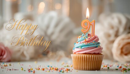 Celebratory birthday scene with a cupcake decorated with a 91 candle, highlighting milestone occasion