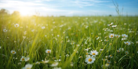Naklejka premium Green grass and chamomile in the meadow, serving as a background for peaceful outdoor scenes, Earth Day