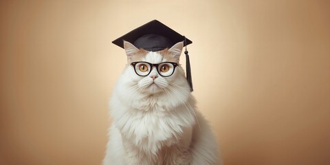 Adorable white feline with a mortarboard and spectacles, indicating education milestone, on a neutral background, education event