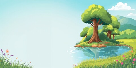 Serene pond surrounded by trees serving as a tranquil background for landscape design, Earth Day