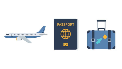 Illustrated travel essentials for global adventures plane passport and suitcase depiction