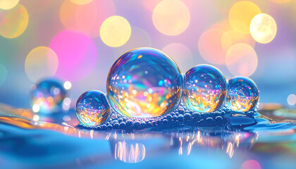 Naklejka premium Macro close-up of water bubbles reflecting vibrant bokeh lights, creating a mesmerizing and abstract visual effect with a shallow depth of field