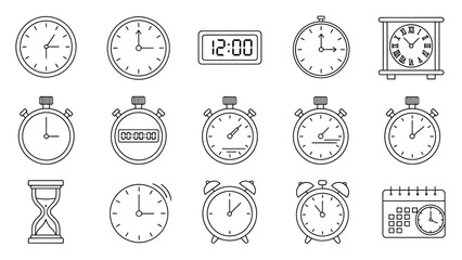 Various timekeeping devices illustrated in a simple outlined style against white background