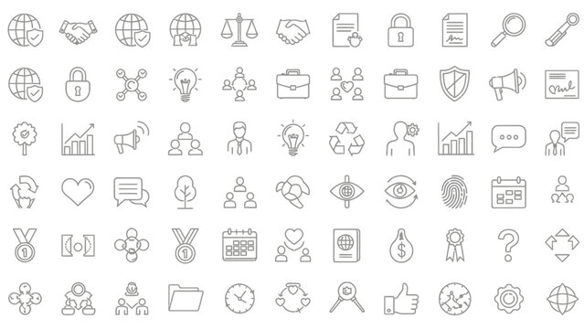 Extensive collection of universally recognized line icons conveying diverse concepts and metaphors