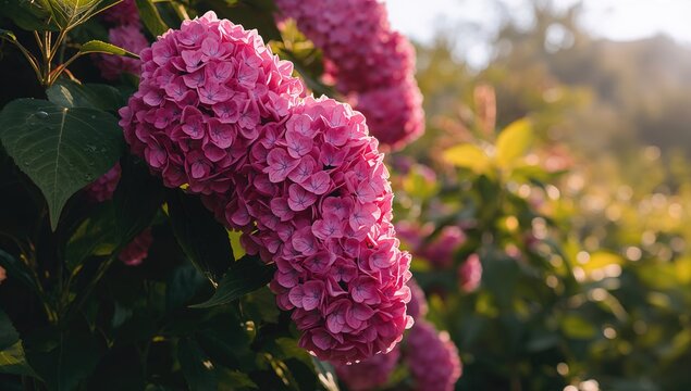 Hydrangea bush with vibrant pink blossoms, illustrating garden growth during summer, World Environment Day