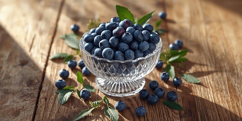 Fresh blueberries displayed in a glass bowl on a rustic wooden table, ideal for dietary or health-focused layouts