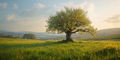 Naklejka premium A small oak tree growing in a meadow at Green Castle Wood close to Carmarthen, Carmarthenshire, Wales, UK, highlighting environmental conservation
