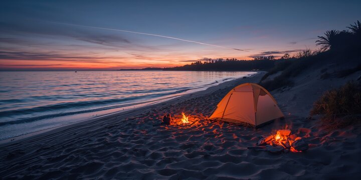 Couple relaxing near a seaside camping tent during sunset, leisure and natural scenery - Powered by Adobe