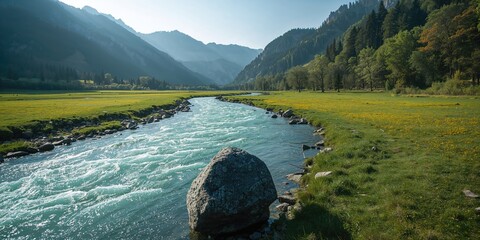 Naklejka premium Pakistan's Kumrat River scene highlighting seasonal erosion risks