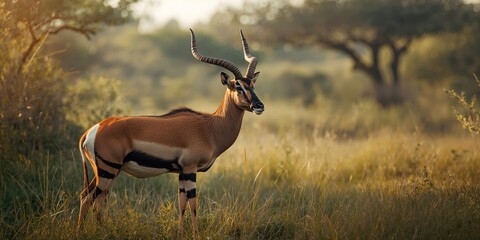 Obraz premium Bongo antelope resting amid dense green grass during summer, emphasizing animal behavior