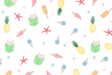白背景に手描きイラストパターン。夏の読書のコンセプト。本・アイス・パイナップル・ヒトデ