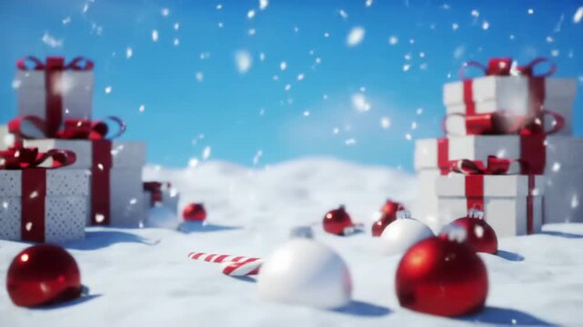 A festive winter scene featuring beautifully wrapped Christmas gift boxes with red ribbons, shiny ornaments, and candy canes placed on snowy ground under a bright blue sky. Gentle snowflakes fall acro