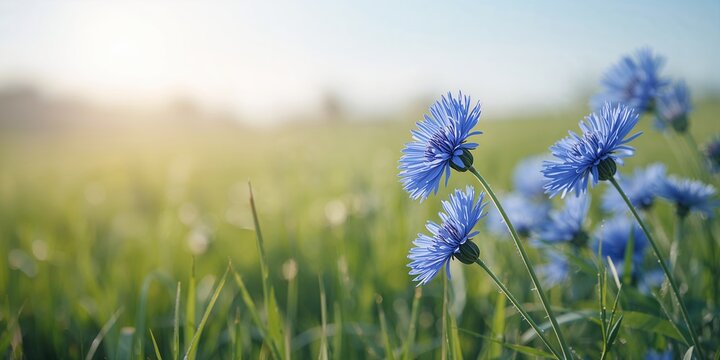 Blue cornflowers in a lush grass field during spring, highlighting natural floral elements for landscape planning, Earth Day
