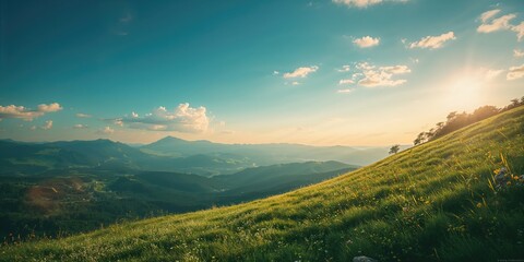 Naklejka premium Carpathian mountain range during summer with clear blue sky and clouds, ideal for editorial header backgrounds