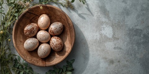 Fresh quail eggs arranged on a wooden plate, healthy eating habits, World Food Day