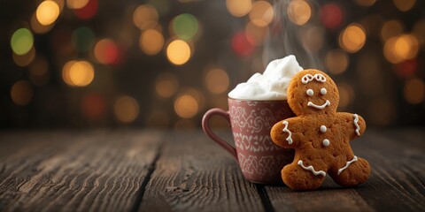 Baked gingerbread cookies and a mug of hot chocolate topped with marshmallows, festive seasonal display