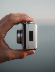 Side view of a hand holding a small white camera.
