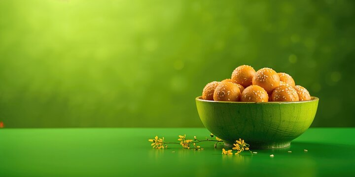 Amaranth or Rajgira laddu served in a green bowl on a green background, emphasizing healthy snack options, for World Nutrition Day