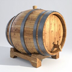 Wooden barrel on stand, metal bands, light background